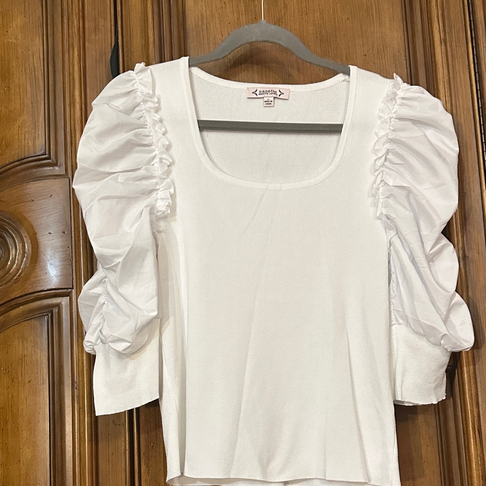 Nanette Lepore Like NEW Ribbed White Puff 3/4 Sleeve Blouse Large